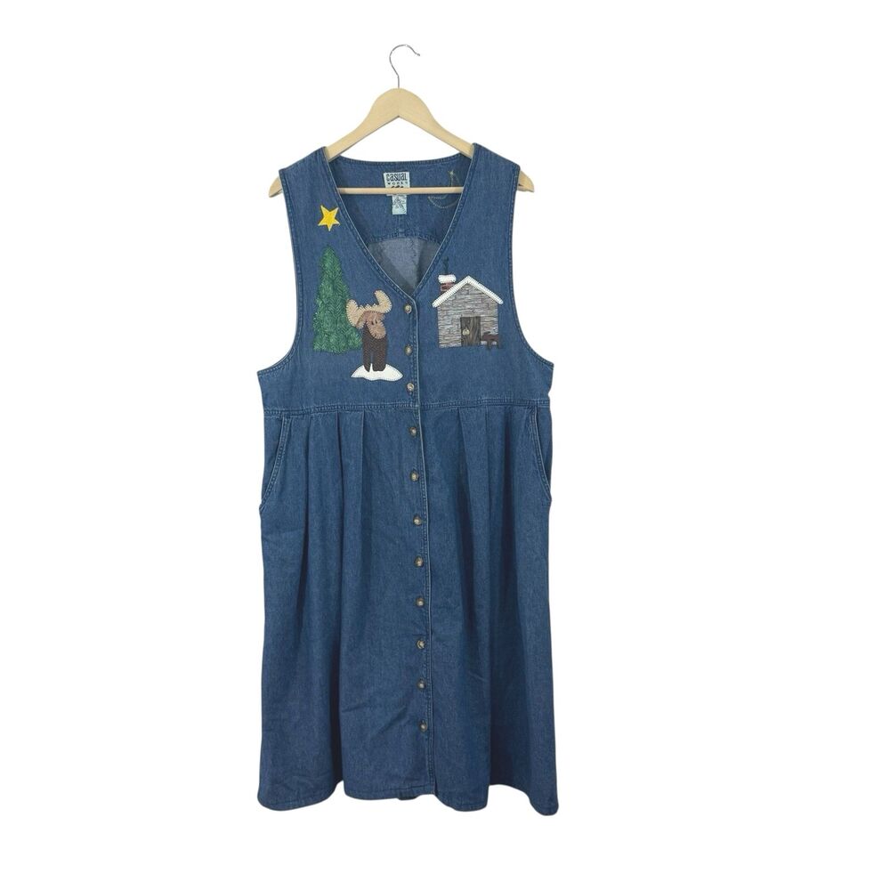 Vintage Casual Works Large Denim Teacher Dress Quilted Modest Jean Womens READ